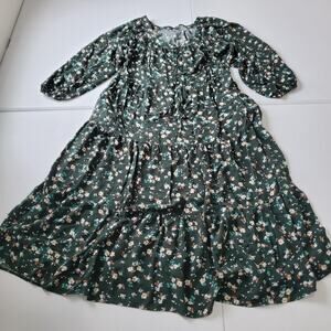 Old Navy Dress Women Large Dark Green Floral Long Sleeve Tiered Midi Cottagecore